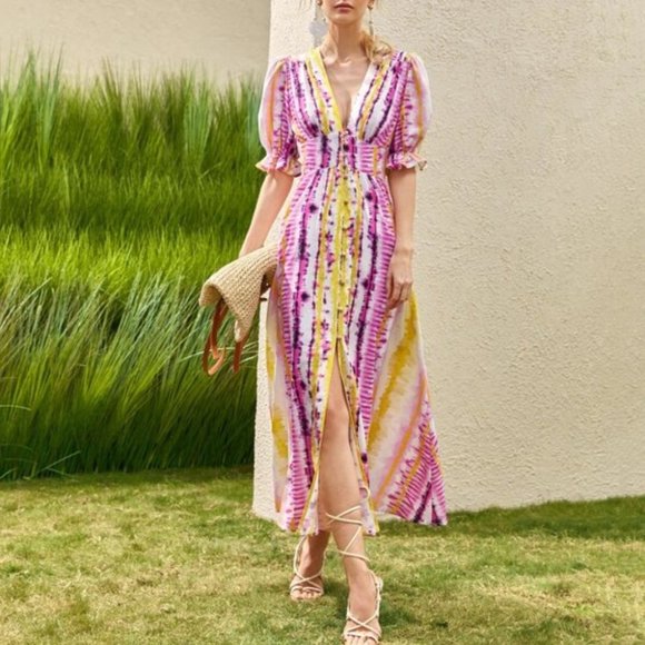 Tie Dye Puff Sleeve Button Down Maxi Dress - Picture 2 of 9